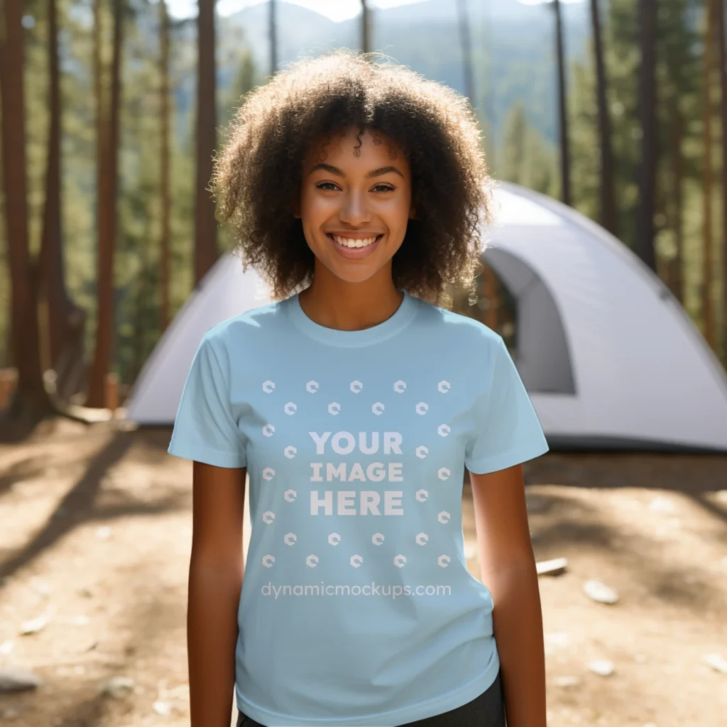 Woman Wearing Light Blue T-shirt Mockup Front View Template