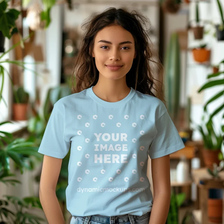 Woman Wearing Light Blue T-shirt Mockup Front View Template