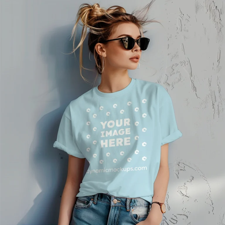 Woman Wearing Light Blue T-shirt Mockup Front View Template