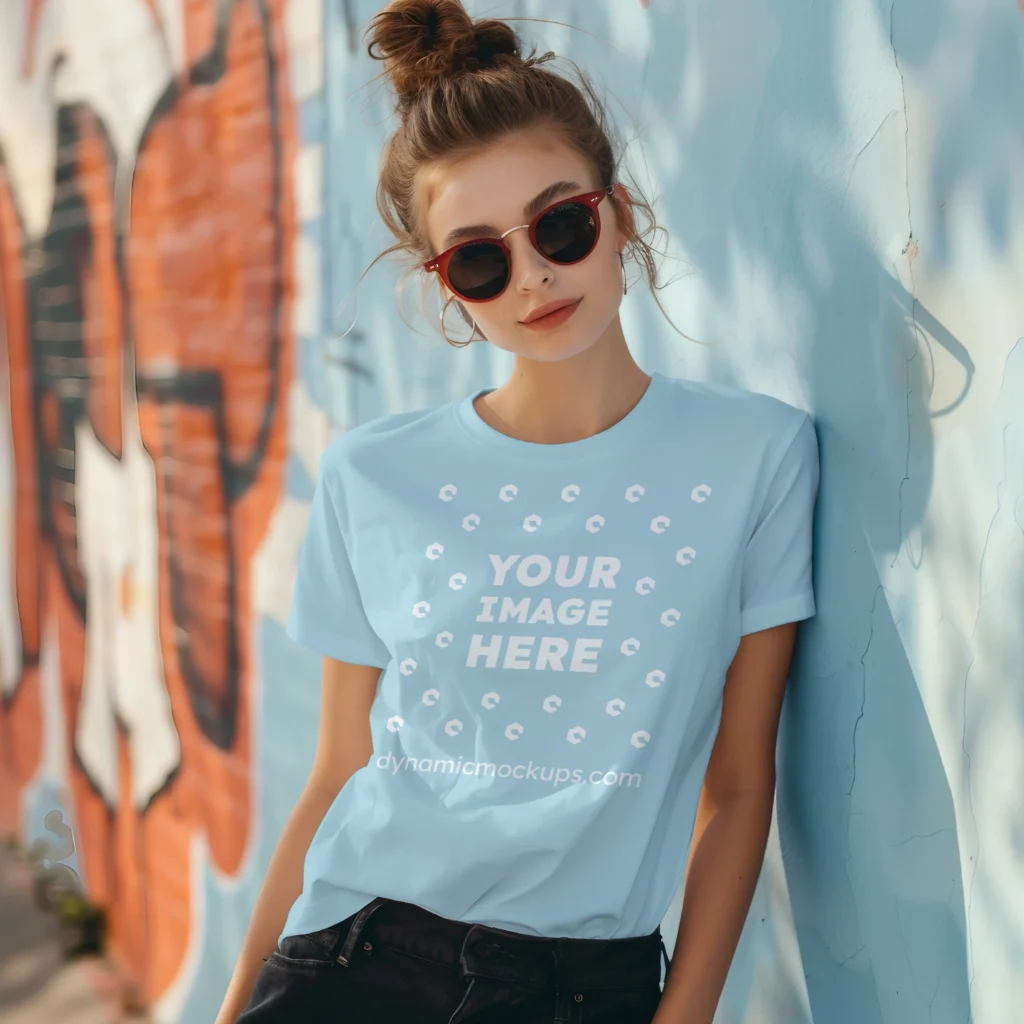 Woman Wearing Light Blue T-shirt Mockup Front View Template