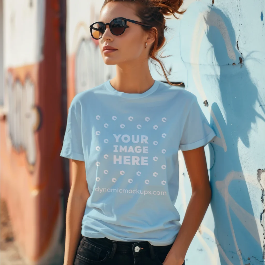 Woman Wearing Light Blue T-shirt Mockup Front View Template