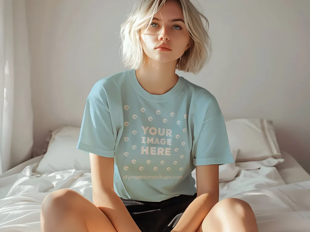 Woman Wearing Light Blue T-shirt Mockup Front View Template