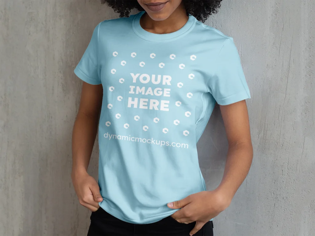 Woman Wearing Light Blue T-shirt Mockup Front View Template