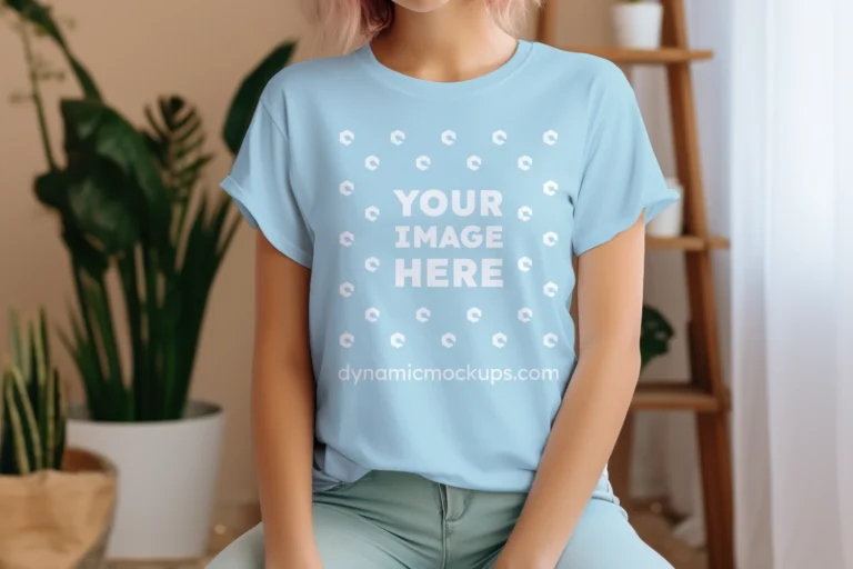 Woman Wearing Light Blue T-shirt Mockup Front View Template