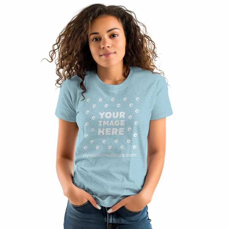 Woman Wearing Light Blue T-shirt Mockup Front View Template