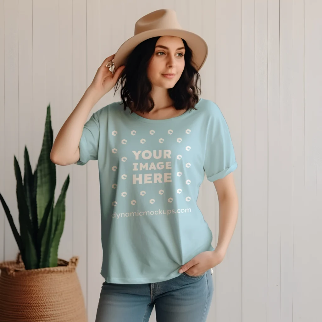 Woman Wearing Light Blue T-shirt Mockup Front View Template