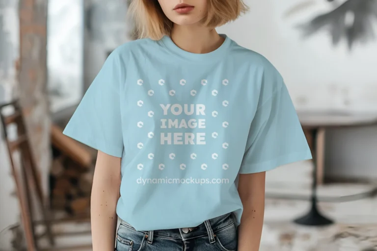 Woman Wearing Light Blue T-shirt Mockup Front View Template