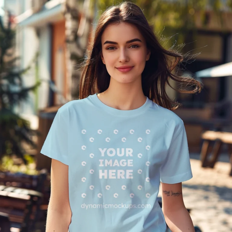 Woman Wearing Light Blue T-shirt Mockup Front View Template