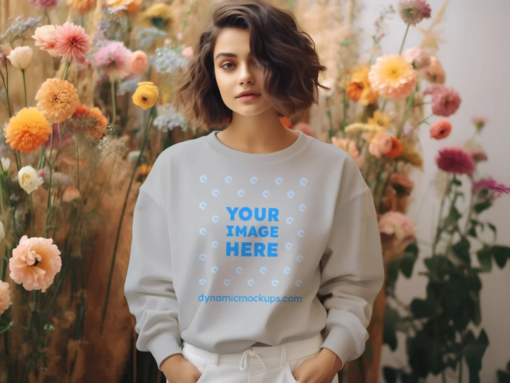 Woman Wearing Light Gray Sweatshirt Mockup Front View Template