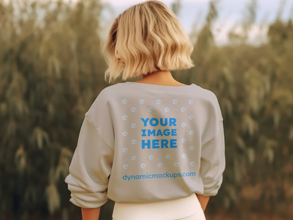 Woman Wearing Light Gray Sweatshirt Mockup Back View Template