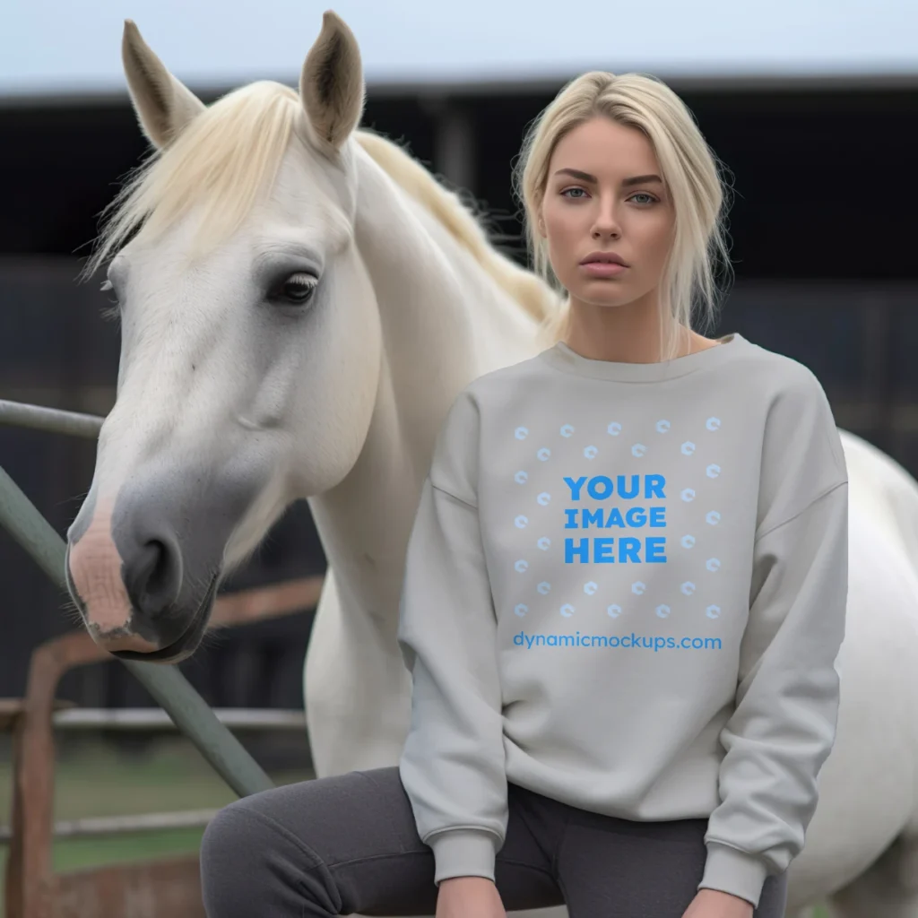 Woman Wearing Light Gray Sweatshirt Mockup Front View Template