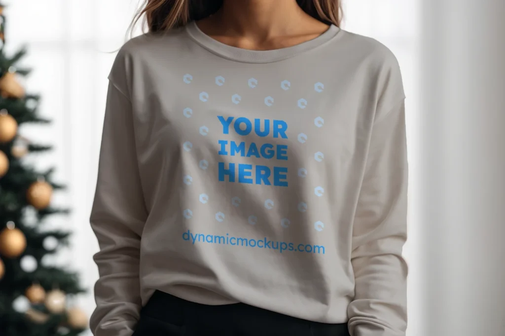 Woman Wearing Light Gray Sweatshirt Mockup Front View Template