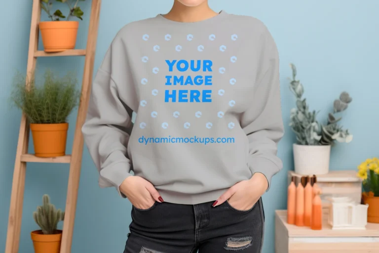 Woman Wearing Light Gray Sweatshirt Mockup Front View Template