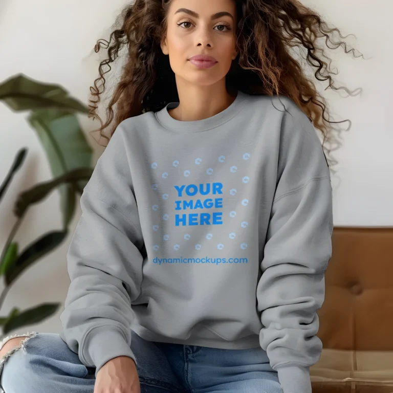 Woman Wearing Light Gray Sweatshirt Mockup Front View Template