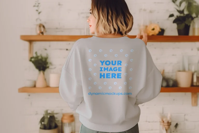 Woman Wearing Light Gray Sweatshirt Mockup Back View Template