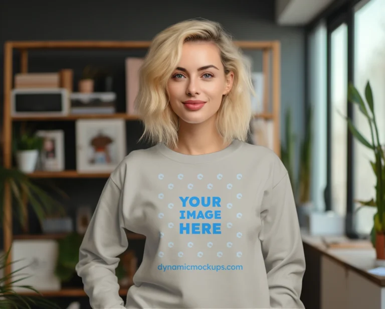 Woman Wearing Light Gray Sweatshirt Mockup Front View Template