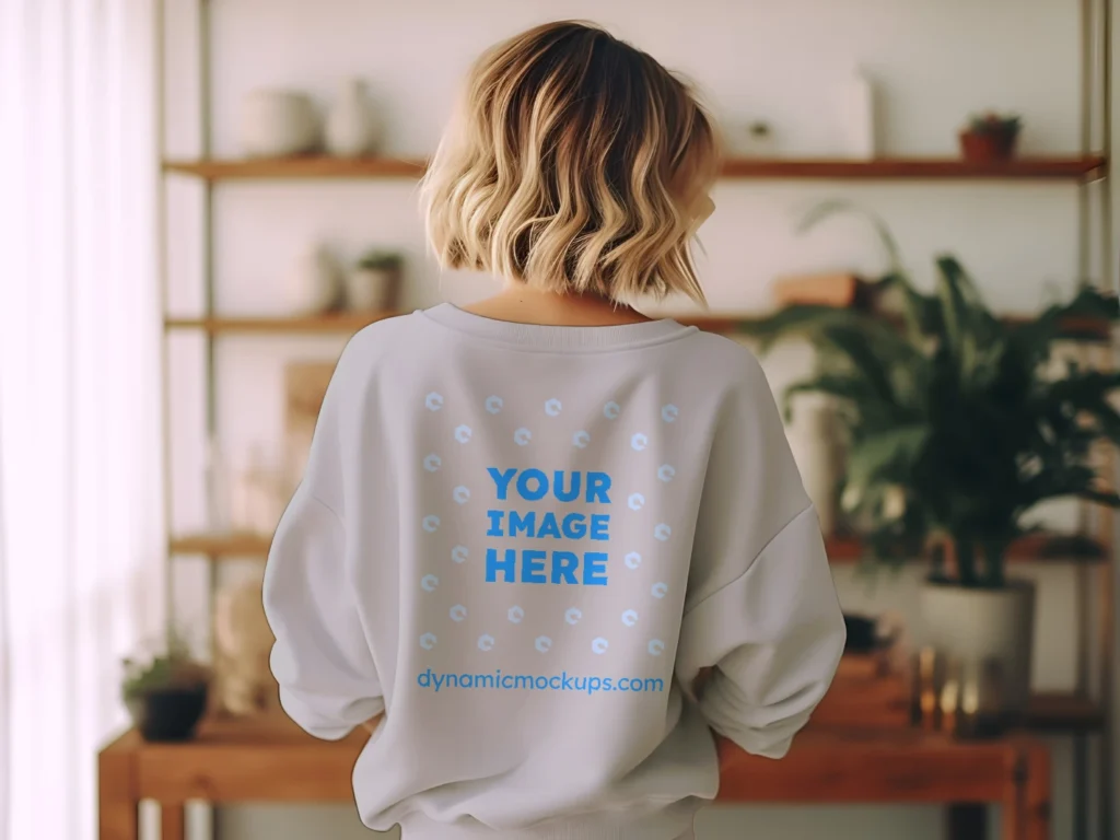 Woman Wearing Light Gray Sweatshirt Mockup Back View Template