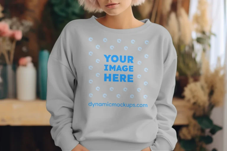 Woman Wearing Light Gray Sweatshirt Mockup Front View Template