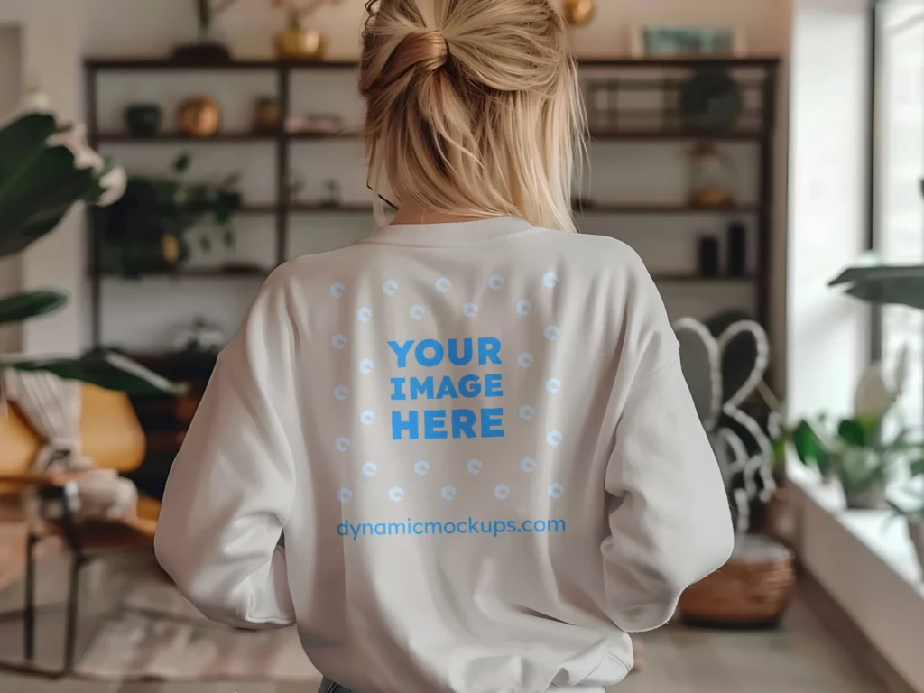 Woman Wearing Light Gray Sweatshirt Mockup Back View Template