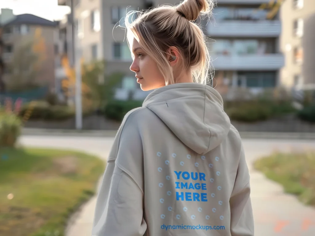 Woman Wearing Light Gray Hoodie Mockup Back View Template