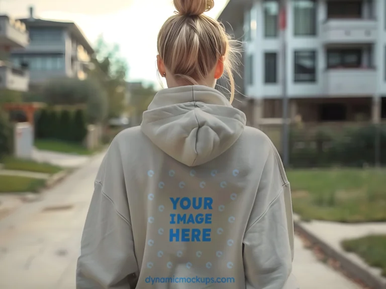 Woman Wearing Light Gray Hoodie Mockup Back View Template