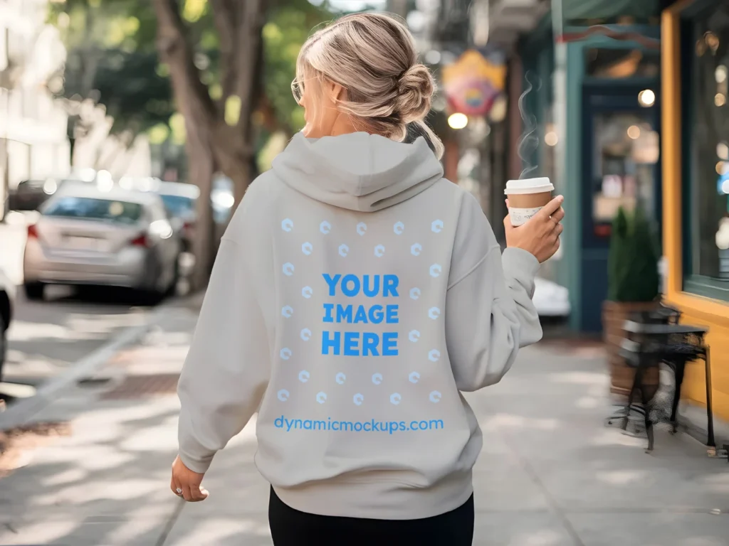 Woman Wearing Light Gray Hoodie Mockup Back View Template