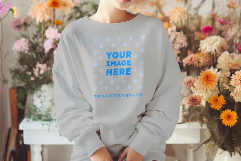 Woman Wearing Light Gray Sweatshirt Mockup Front View Template