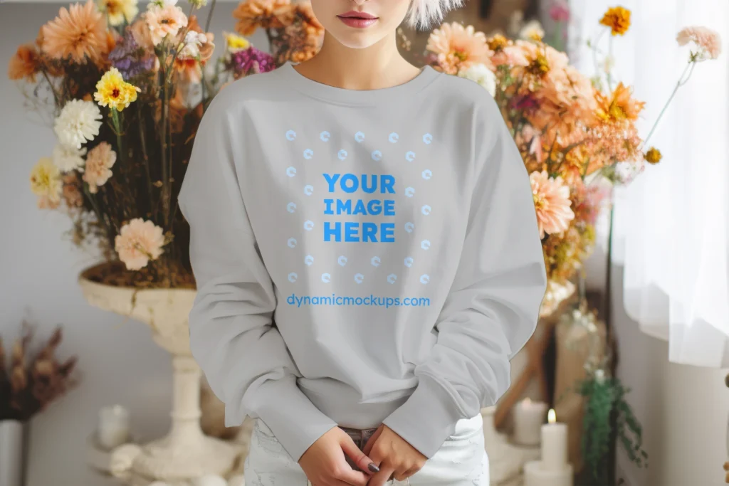 Woman Wearing Light Gray Sweatshirt Mockup Front View Template