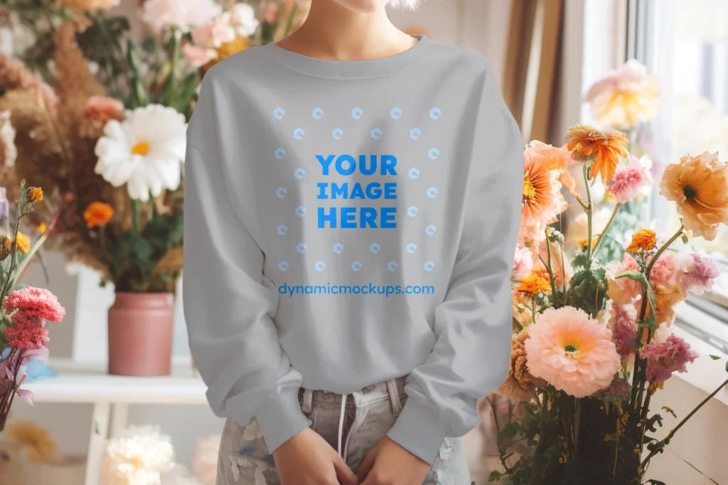 Woman Wearing Light Gray Sweatshirt Mockup Front View Template