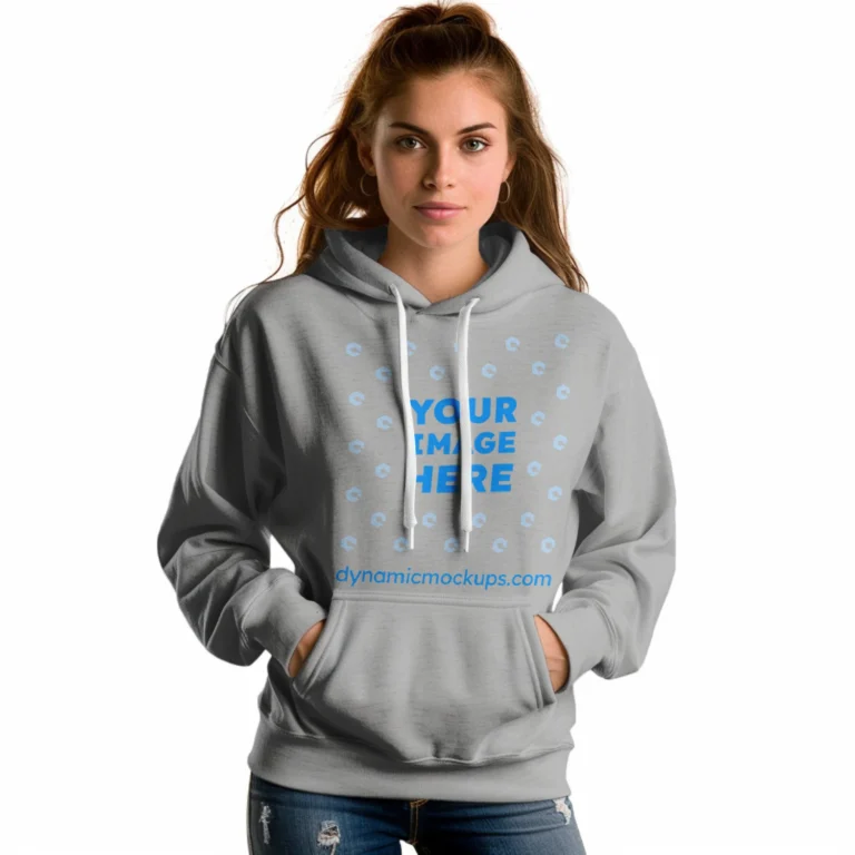 Woman Wearing Light Gray Hoodie Mockup Front View Template