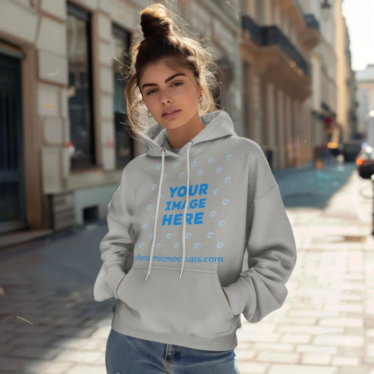 Woman Wearing Light Gray Hoodie Mockup Front View Template