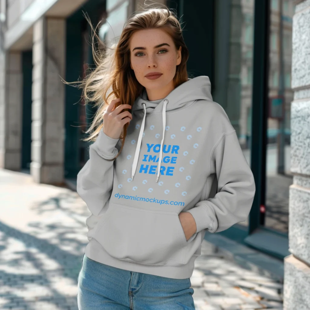 Woman Wearing Light Gray Hoodie Mockup Front View Template