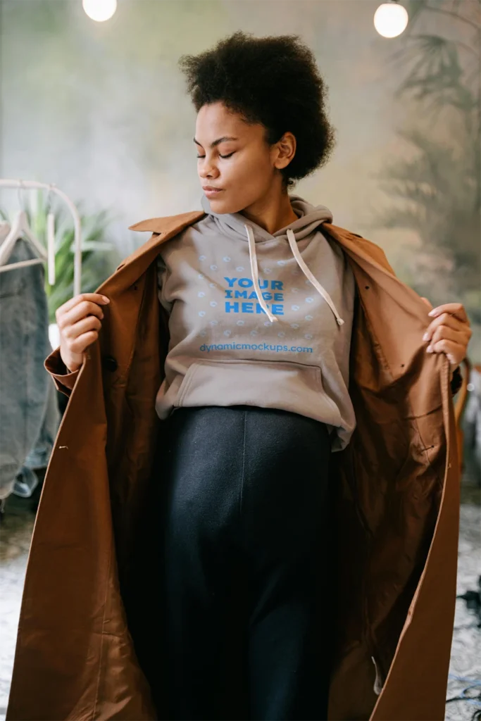 Woman Wearing Light Gray Hoodie Mockup Front View Template