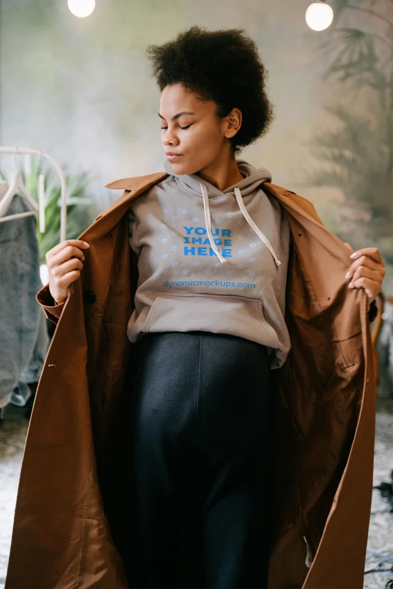 Woman Wearing Light Gray Hoodie Mockup Front View Template