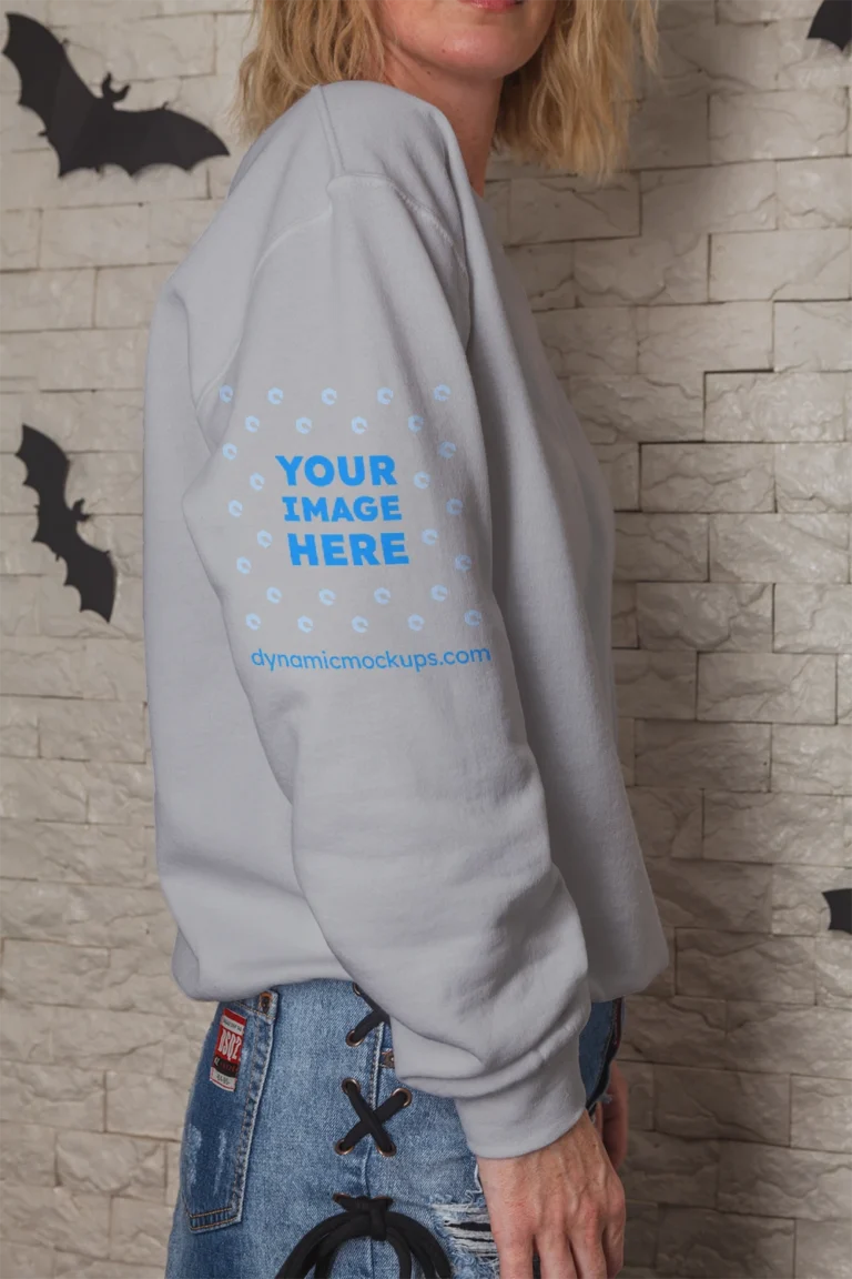 Woman Wearing Light Gray Hoodie Mockup Side View Template