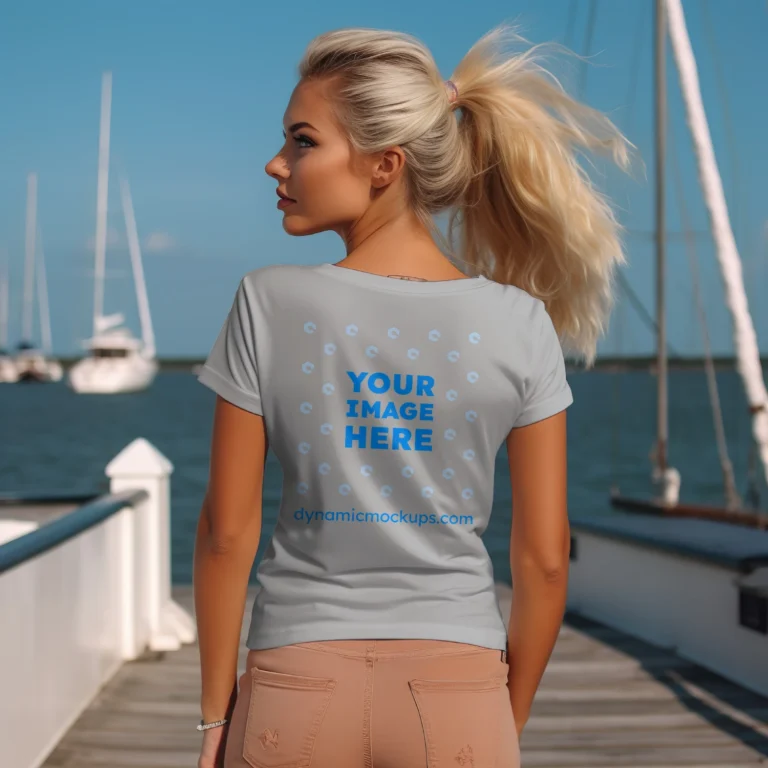 Woman Wearing Light Gray T-shirt Mockup Back View Template