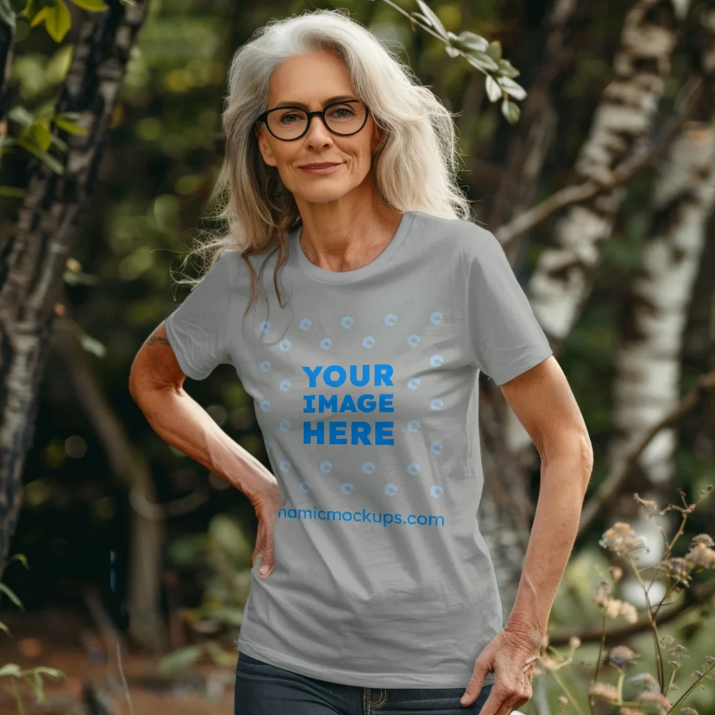 Woman Wearing Light Gray T-shirt Mockup Front View Template