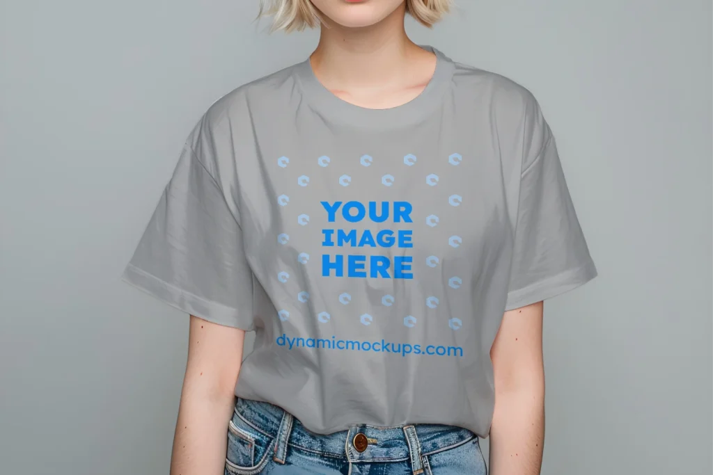 Woman Wearing Light Gray T-shirt Mockup Front View Template