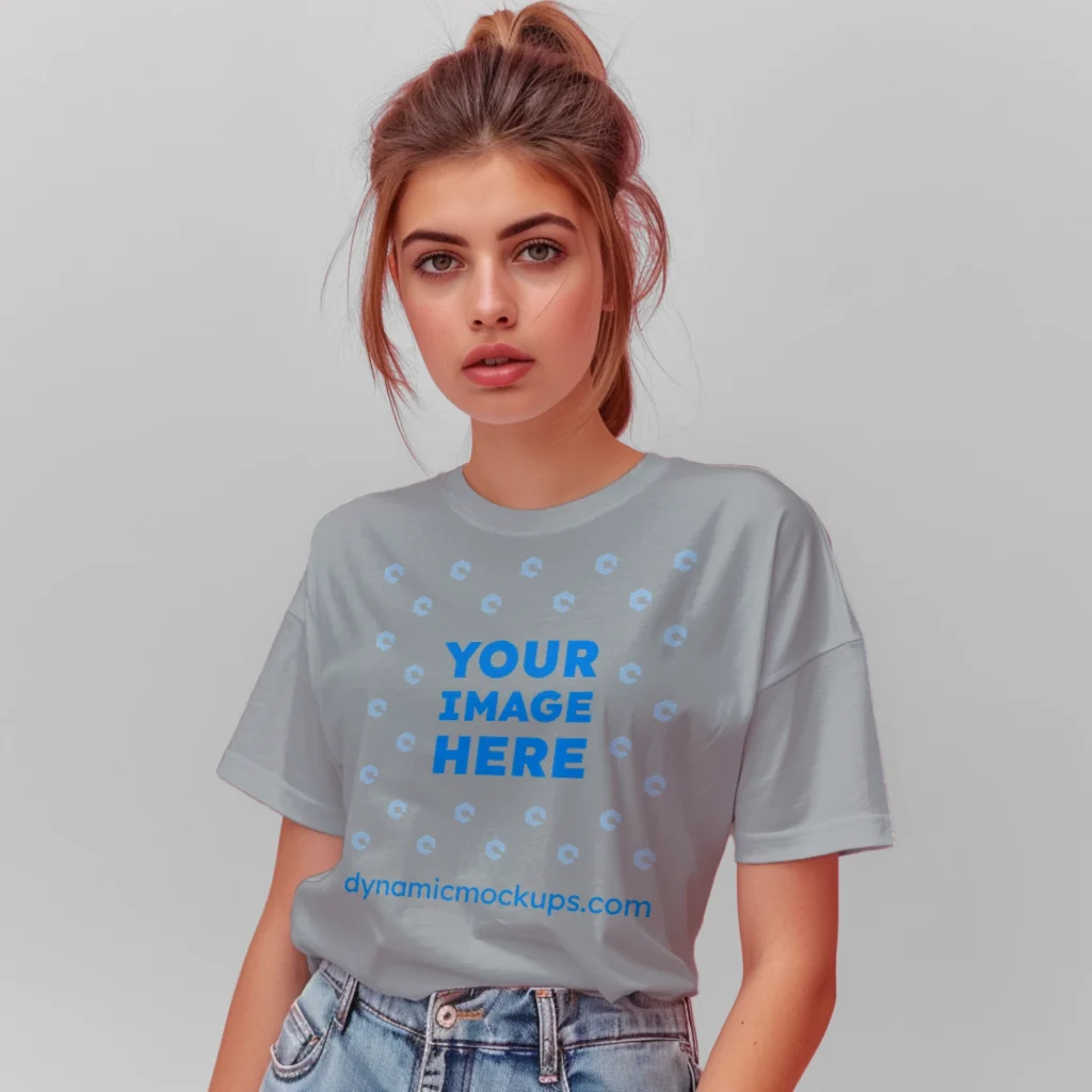 Woman Wearing Light Gray T-shirt Mockup Front View Template