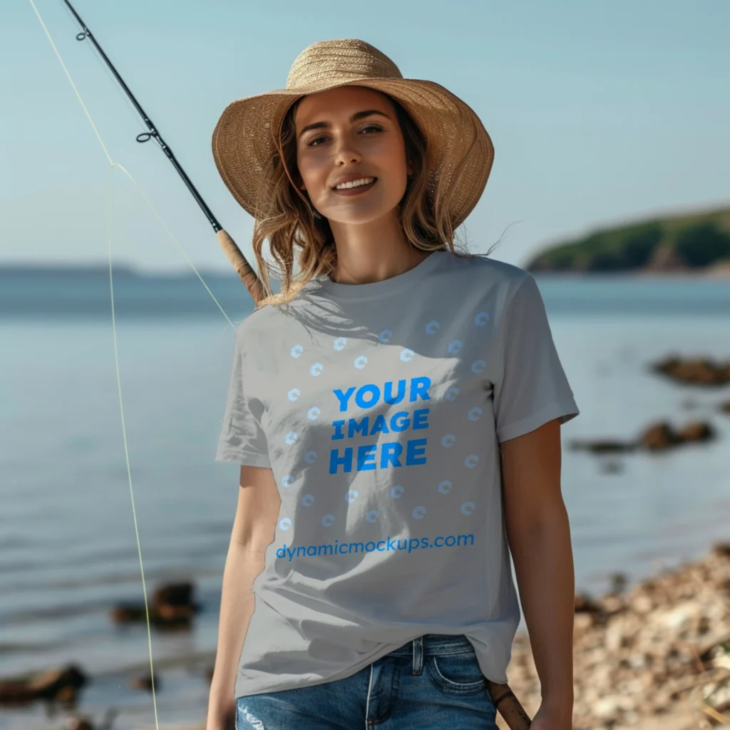 Woman Wearing Light Gray T-shirt Mockup Front View Template