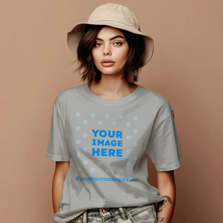 Woman Wearing Light Gray T-shirt Mockup Front View Template