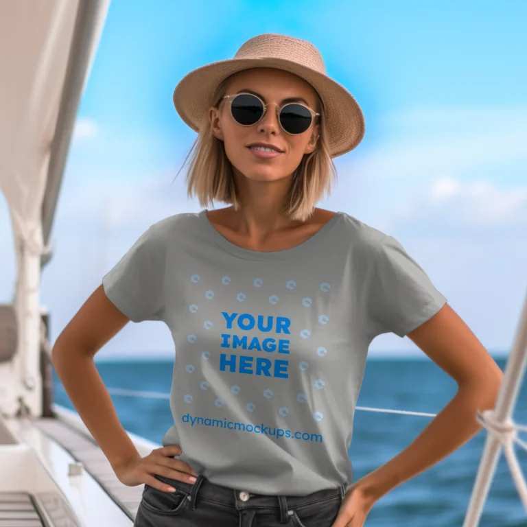 Woman Wearing Light Gray T-shirt Mockup Front View Template