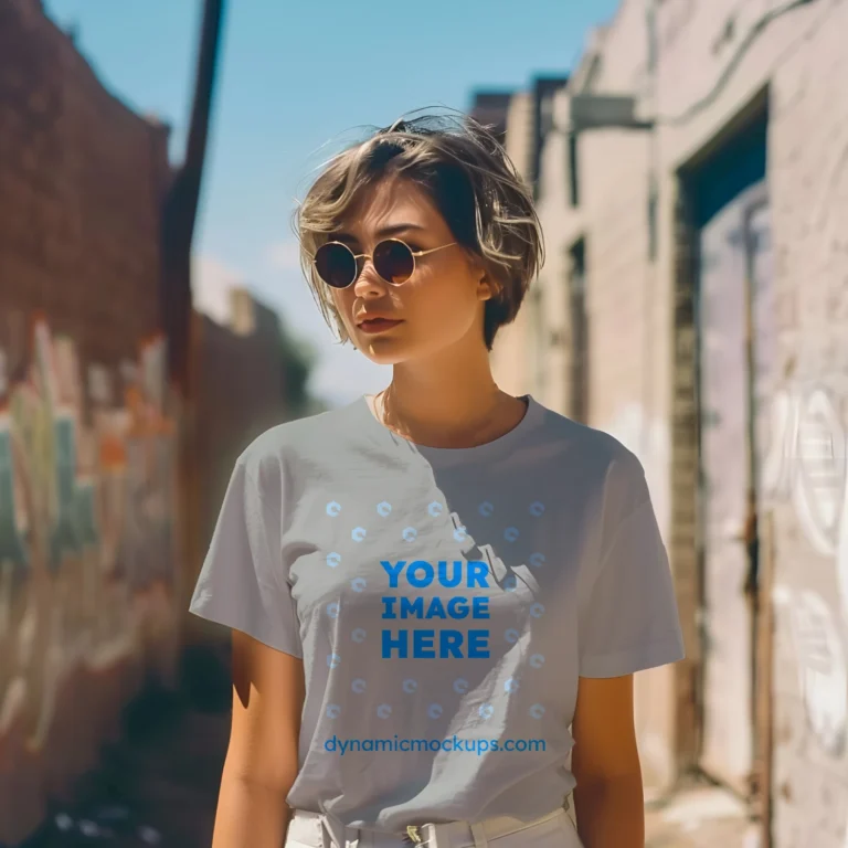 Woman Wearing Light Gray T-shirt Mockup Front View Template