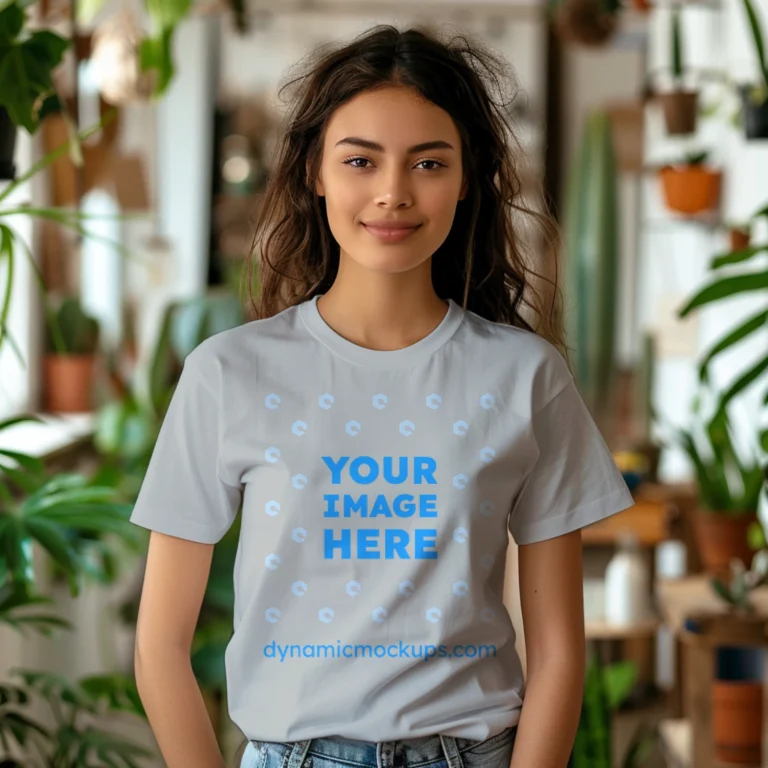 Woman Wearing Light Gray T-shirt Mockup Front View Template