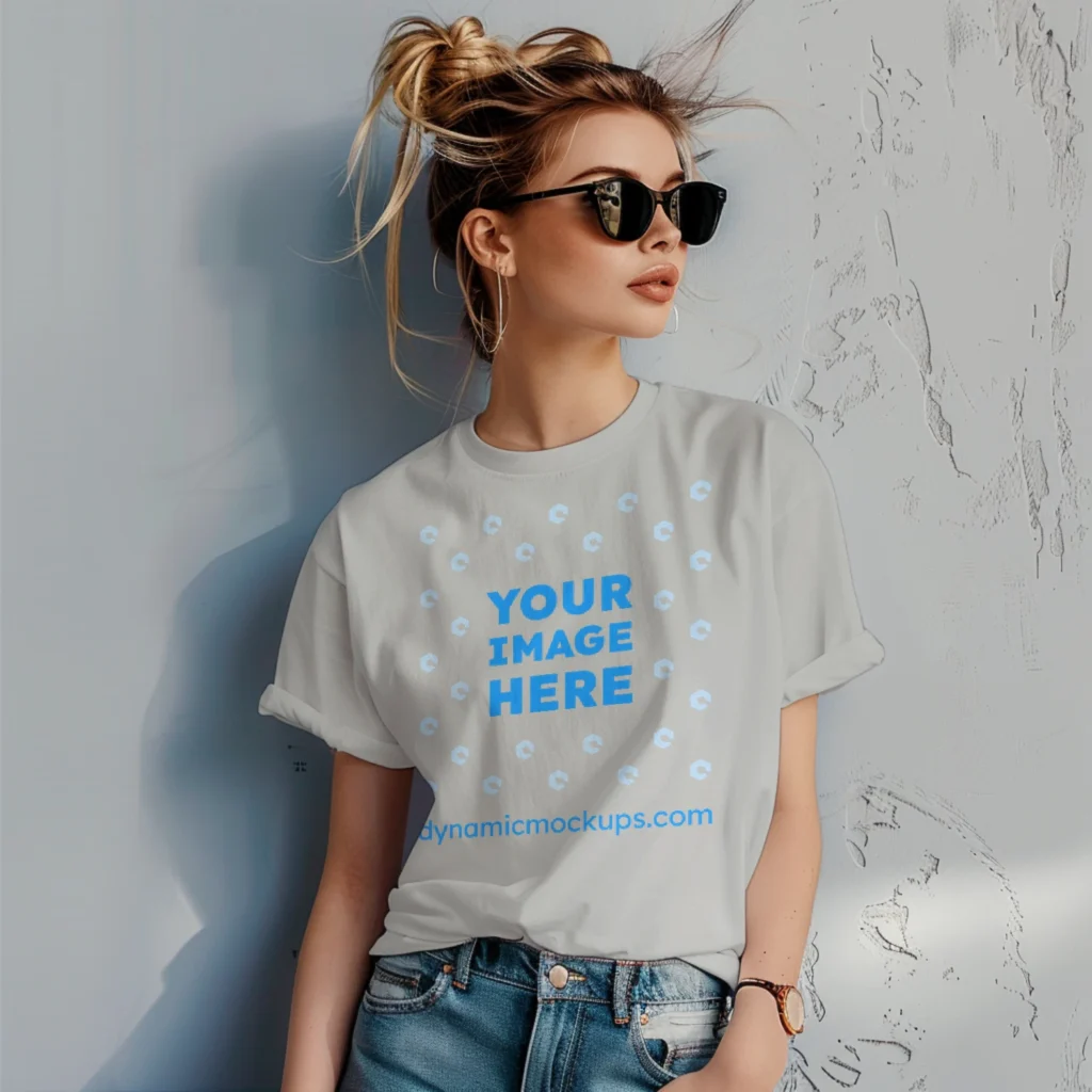 Woman Wearing Light Gray T-shirt Mockup Front View Template