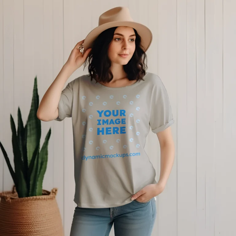 Woman Wearing Light Gray T-shirt Mockup Front View Template