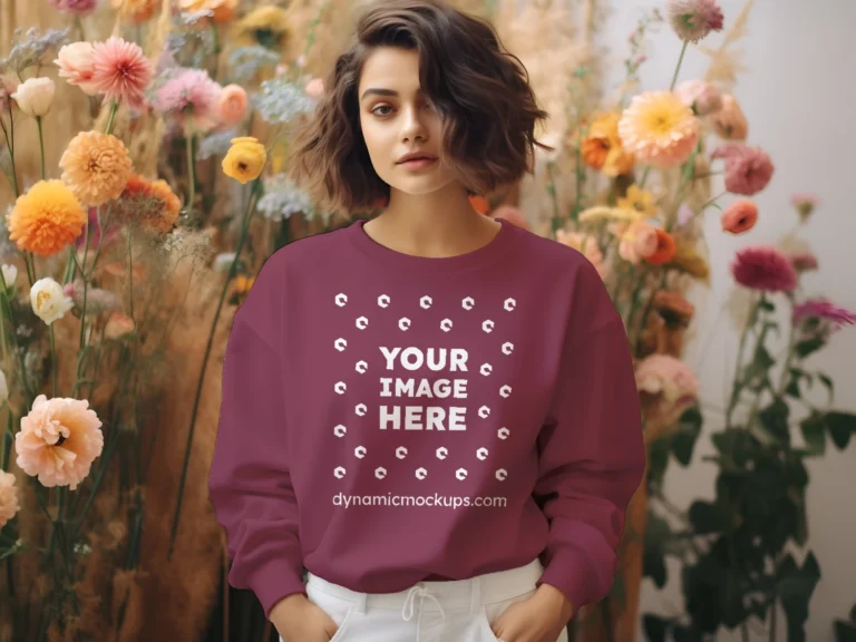 Woman Wearing Maroon Sweatshirt Mockup Front View Template