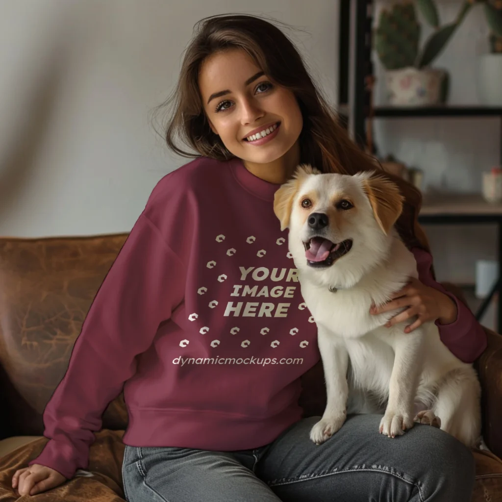 Woman Wearing Maroon Sweatshirt Mockup Front View Template