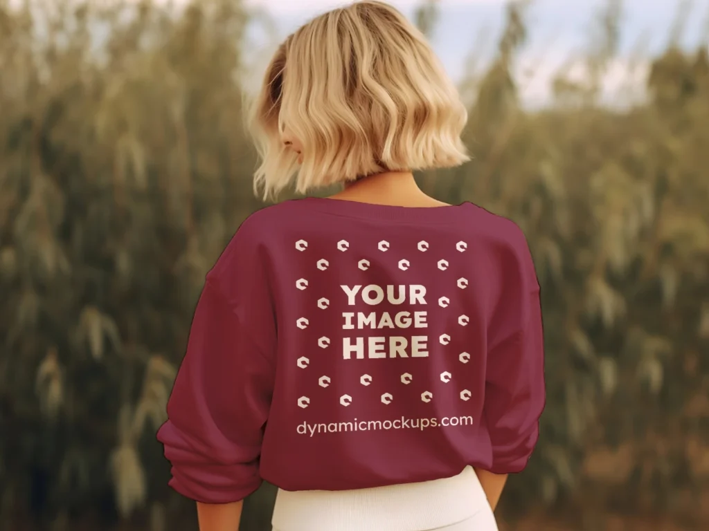 Woman Wearing Maroon Sweatshirt Mockup Back View Template