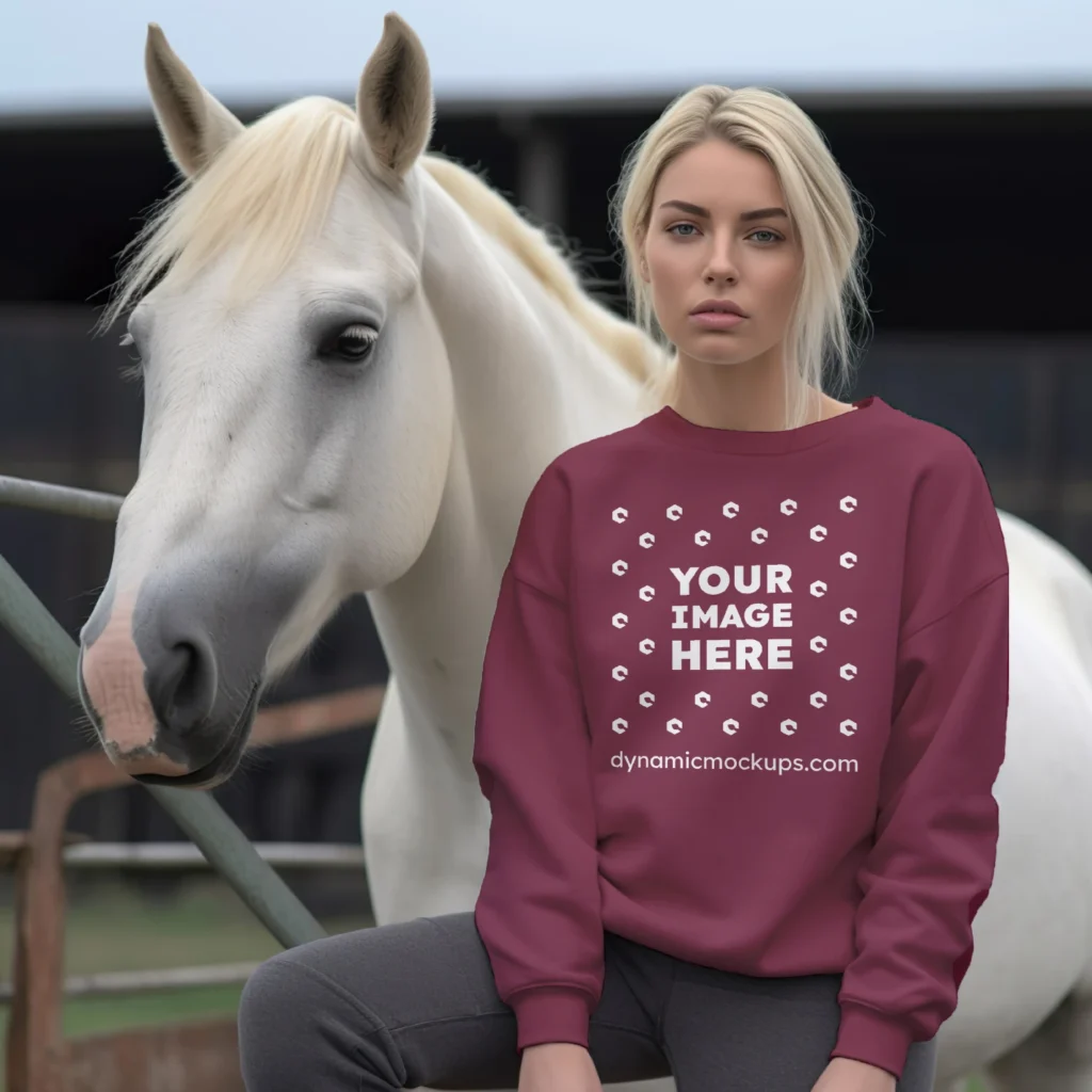 Woman Wearing Maroon Sweatshirt Mockup Front View Template